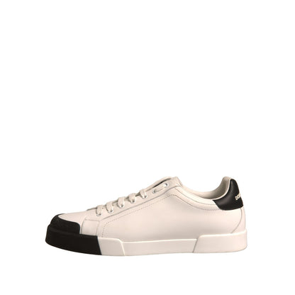 Dolce & Gabbana White Leather Logo Portofino Sneakers Shoes, preowned, authentic, calf leather, black accents, rubber sole, lace up
