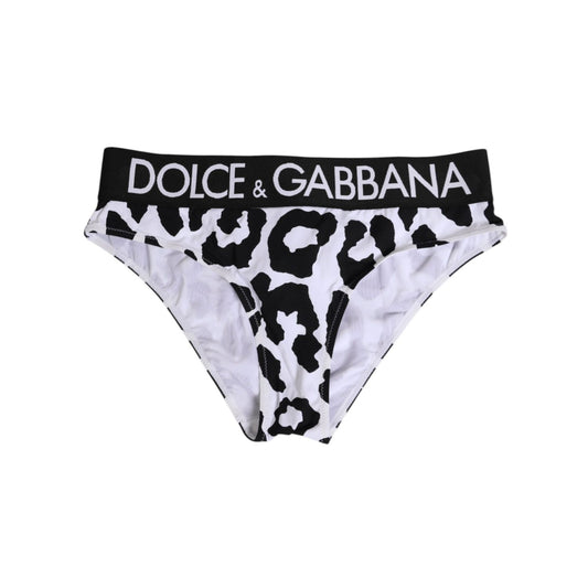 Dolce & Gabbana White Leopard Nylon High Waist Panty Underwear with black and white leopard print and logo waistband.