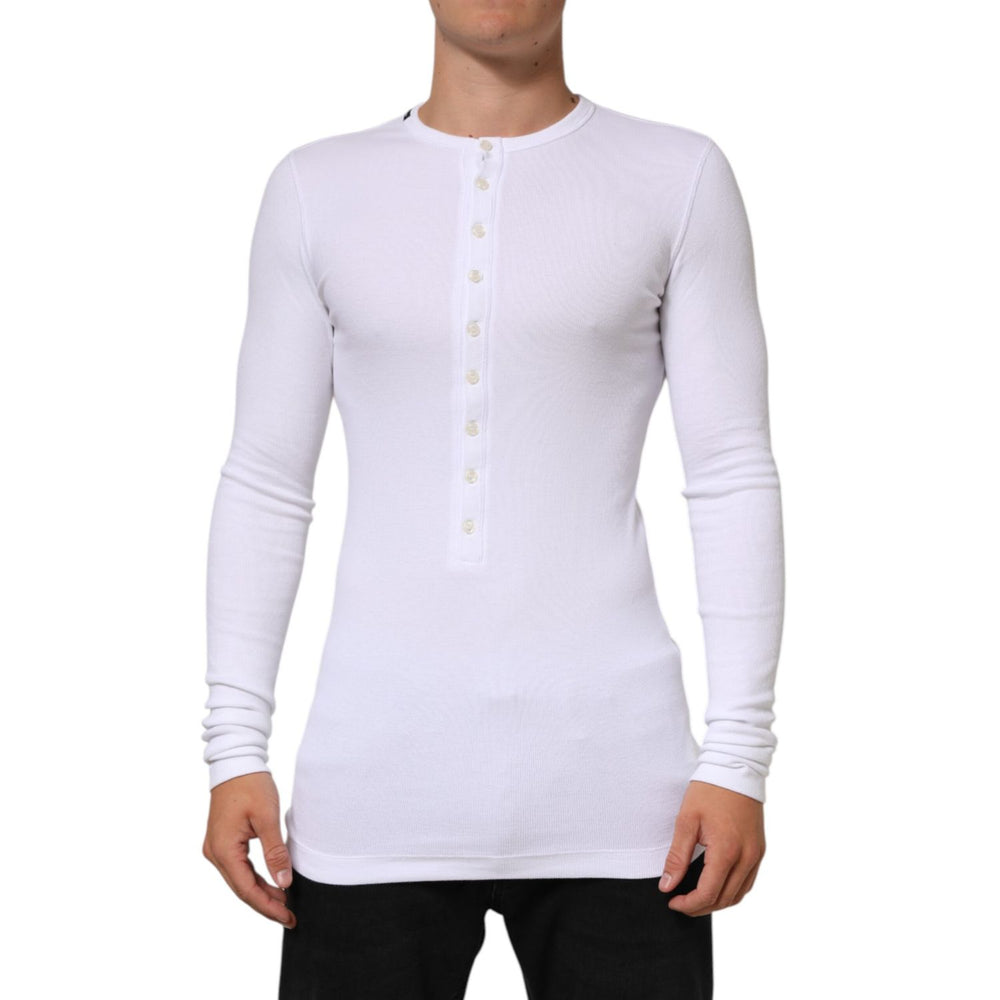 Model wearing Dolce & Gabbana White Long Sleeves Button Closure T-shirt with button-up neckline, highlighting casual sophistication.