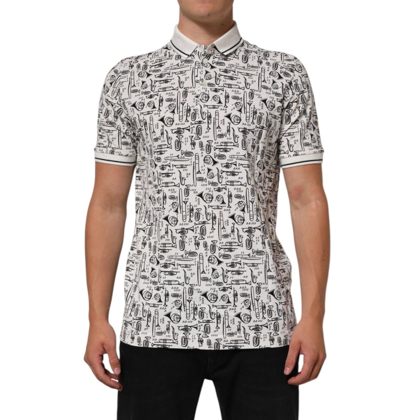 Man wearing a Dolce & Gabbana White Musical Print Collared Polo T-shirt with artistic musical instrument design.