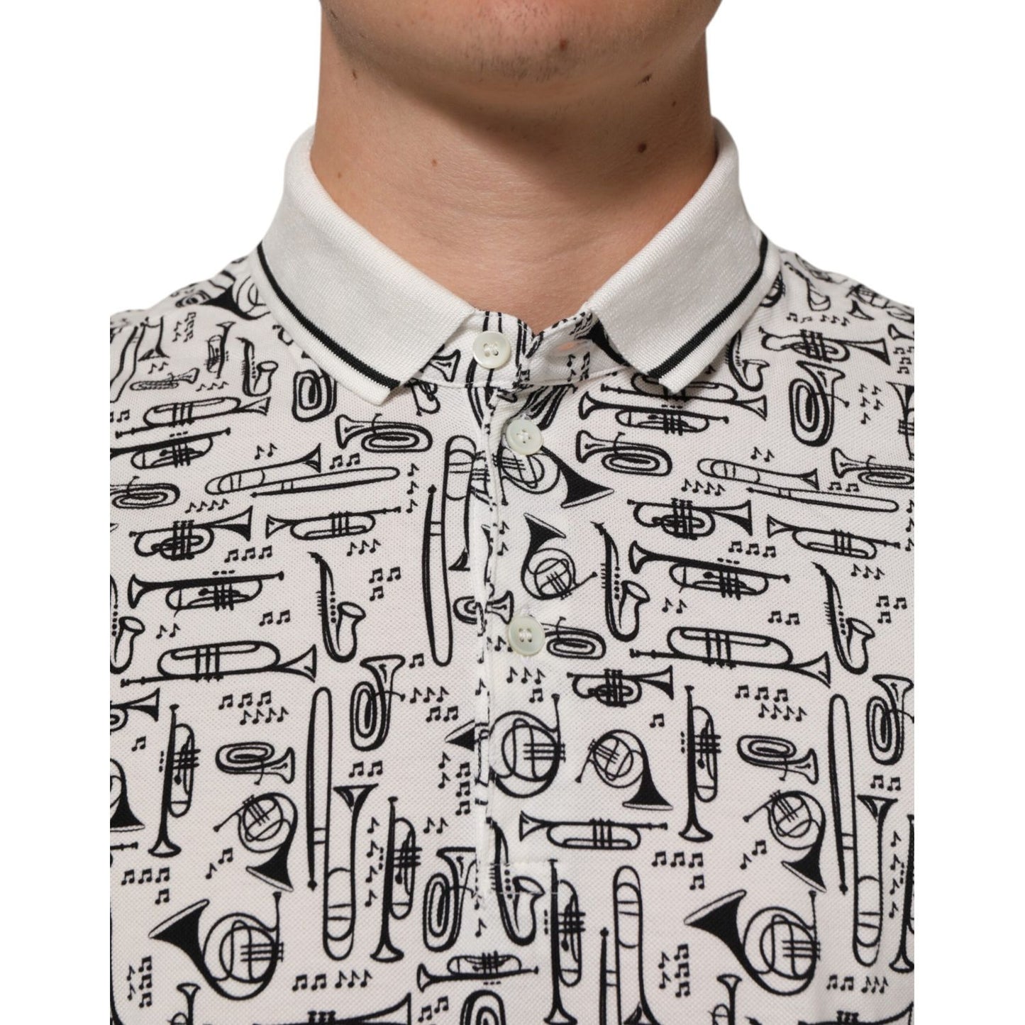 Dolce & Gabbana White Musical Print Collared Polo T-shirt with musical instruments print and button closure.