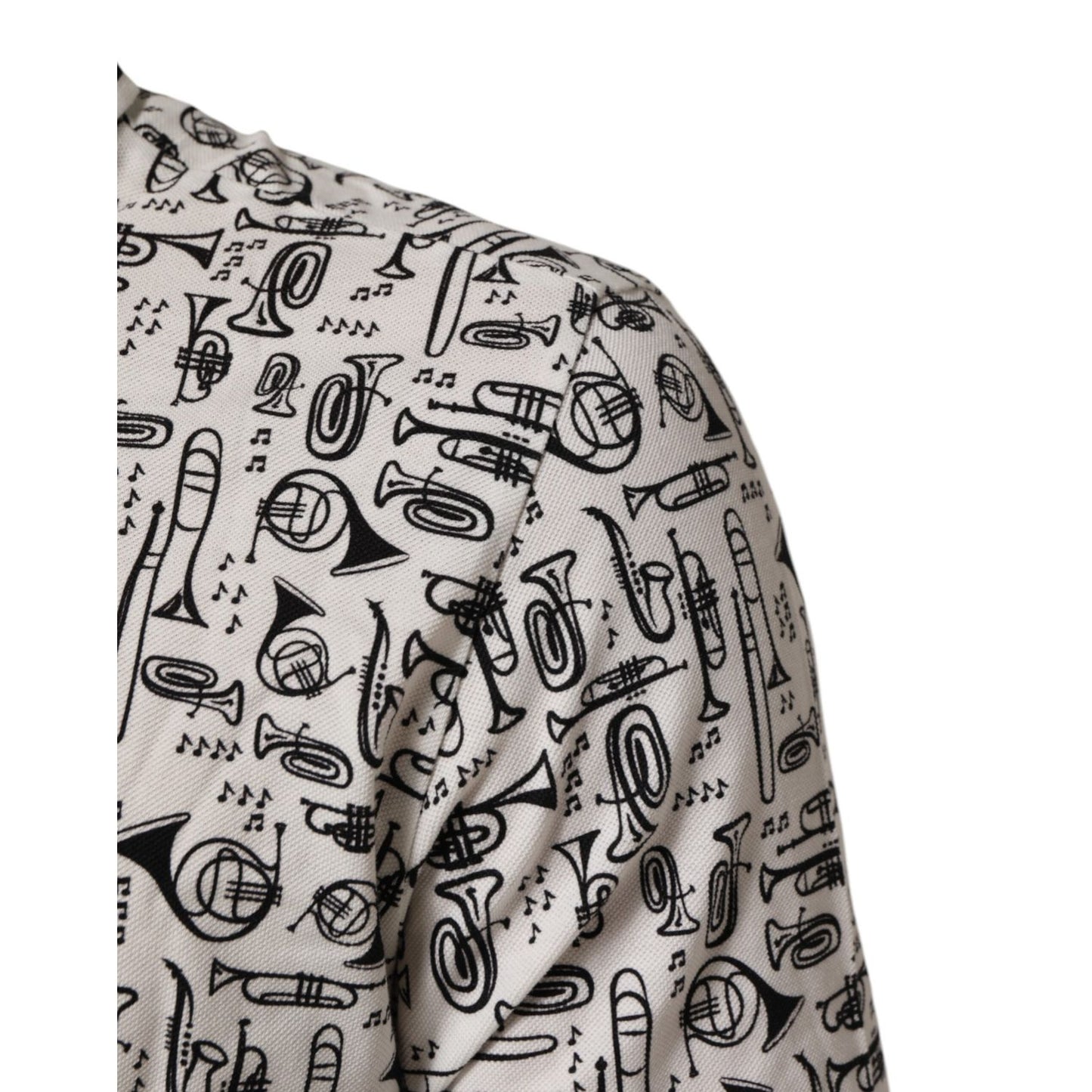Dolce & Gabbana White Musical Print Collared Polo T-shirt with musical instruments design in close-up view.