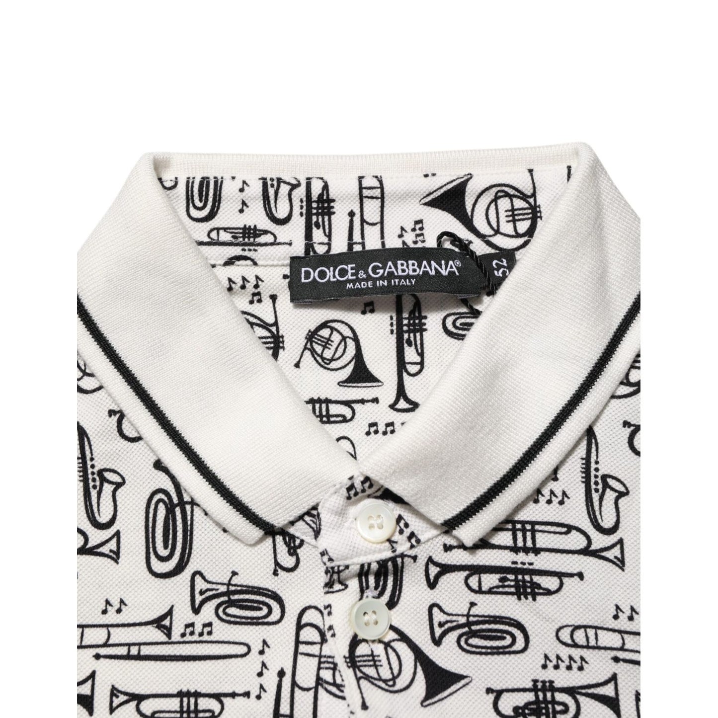 Dolce & Gabbana White Musical Print Collared Polo T-shirt with classic collar and button closure, featuring a musical instrument design.