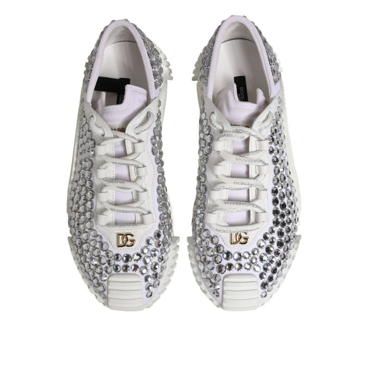 Dolce & Gabbana White NS1 Canvas Leather Embellished Sneakers Shoes with rhinestone details and rubber sole