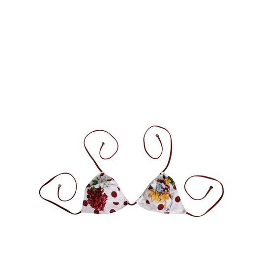 Dolce & Gabbana White Red Polka Dot Floral Print Triangle bikini top with burgundy straps and butterfly motif, luxury Italian swimwear.