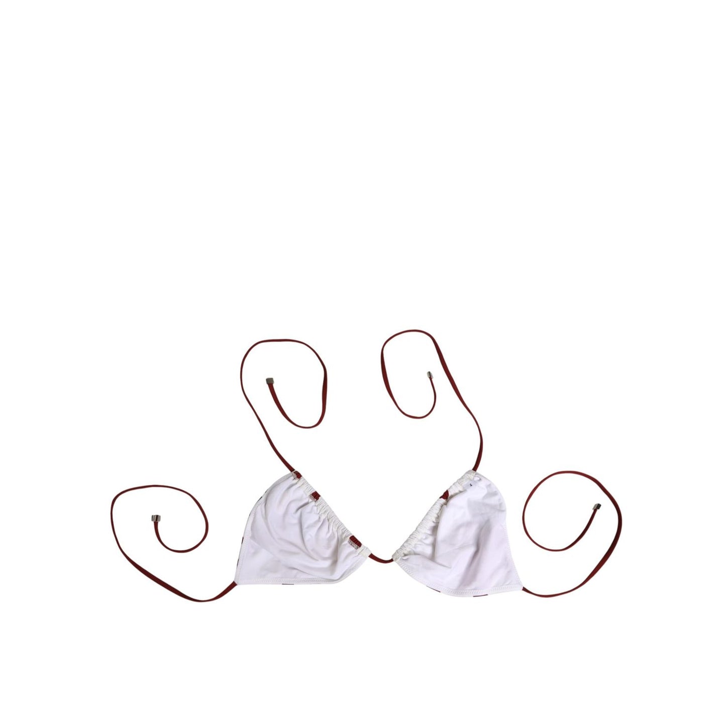 Dolce & Gabbana White Red Polka Dot Floral Print Triangle bikini top with butterfly motif and burgundy straps.