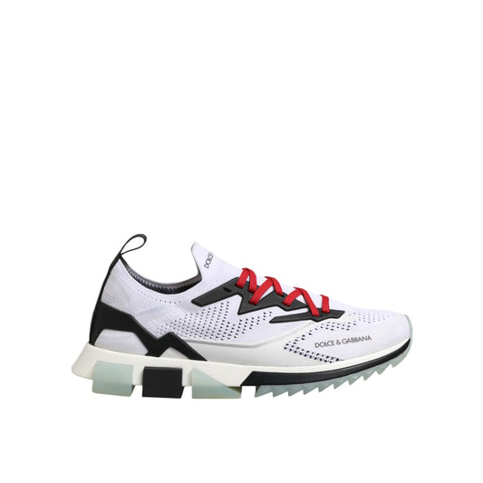 Side view of Dolce & Gabbana White SORRENTO Sport Stretch Sneakers Shoes with red laces, showcasing the unique sole design.