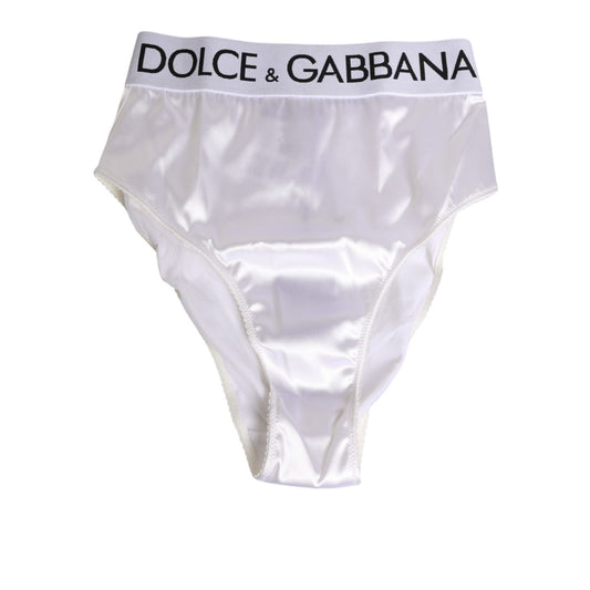 Dolce & Gabbana White Satin High-Waist Brief Logo Women Underwear with elastic waistband and luxury finish.