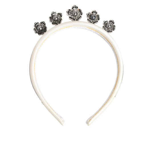Dolce & Gabbana White Satin Palladium Silver Floral Crown Tiara Headband