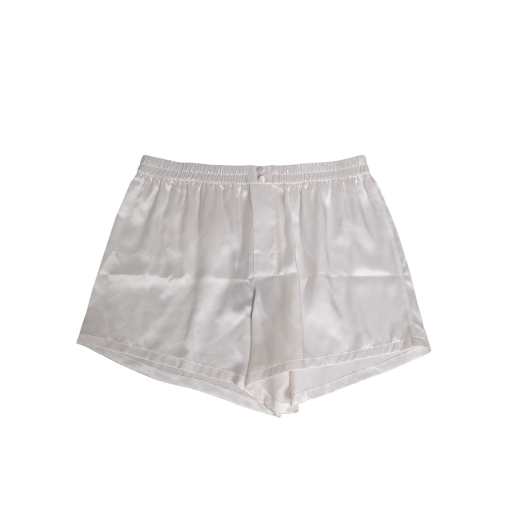 Dolce & Gabbana White Silk Satin Elastic Men Boxer Short Swimwear with button detail and logo, showcasing Italian craftsmanship.