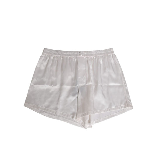 Dolce & Gabbana White Silk Satin Elastic Men Boxer Short Swimwear with button detail and logo, showcasing Italian craftsmanship.