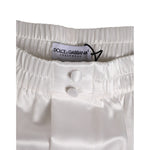 Dolce & Gabbana White Silk Satin Elastic Men Boxer Short Swimwear with button detail and logo tag, showcasing luxury craftsmanship.