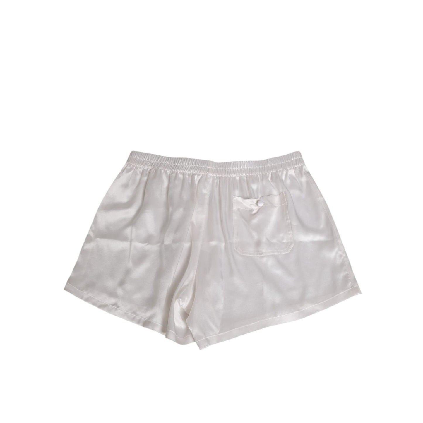 Dolce & Gabbana White Silk Satin Elastic Men Boxer Short Swimwear with button detail and logo on pocket, perfect for luxury loungewear.