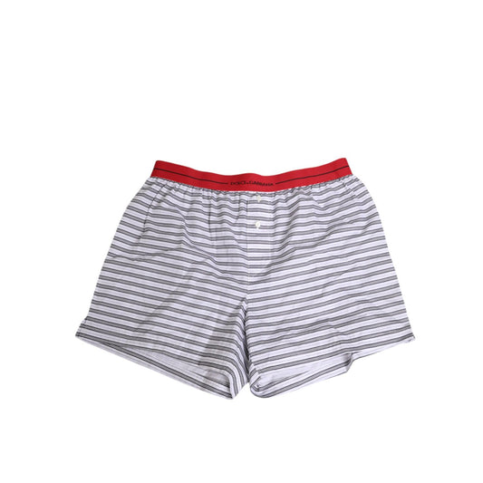 Dolce & Gabbana White Striped Cotton Red Waistband Shorts Swimwear with logo on elastic waistband, comfortable fit, durable design.