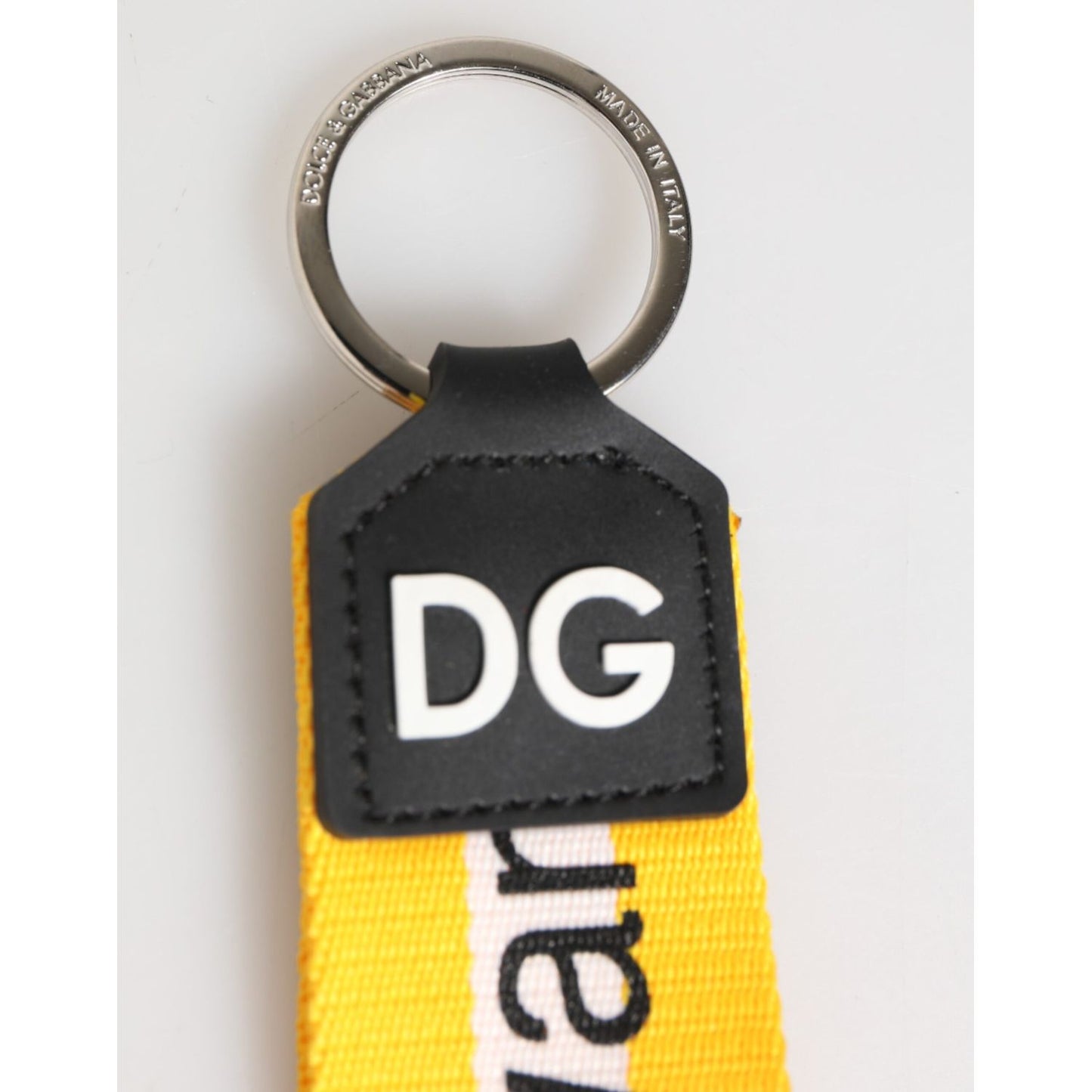 Dolce & Gabbana Yellow Logo Polyester Silver Brass Holder Keychain Keyring with DG logo on yellow strap.