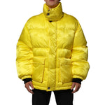 Dolce & Gabbana Yellow Nylon Logo Puffer Bomber Men Jacket with high collar and oversized pockets, showcasing luxury and warmth.