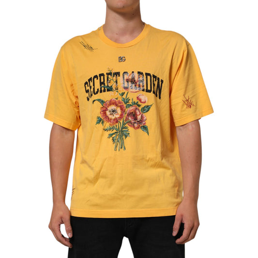 Dolce & Gabbana Yellow Secret Graden Floral Cotton Crew Neck T-shirt with floral print and logo details