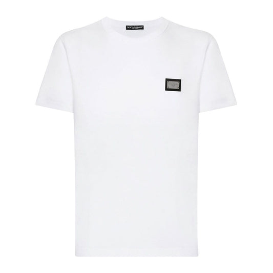 Dolce & Gabbana logo-tag Cotton T-shirt in white with silver-tone logo plaque, crew neck and short sleeves.