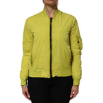 Dondup Yellow Polyamide Zipper Bomber Women’s Jacket with ribbed trims and zip closure, displayed on model, crafted in Italy.