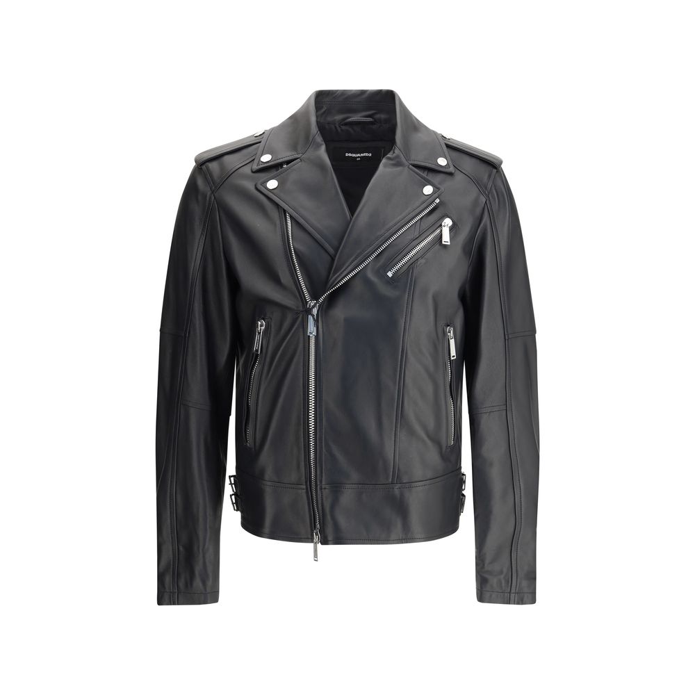 Dsquared² Black Calf Leather Bos Taurus Biker Jacket with zipper closure and snap-buttoned shoulder details.
