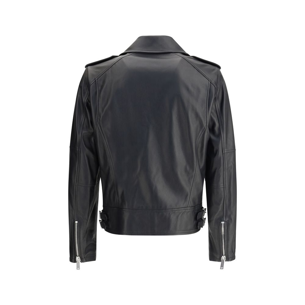 Dsquared² Black Calf Leather Bos Taurus Biker Jacket, back view showcasing double-breasted zipper and buckle straps.