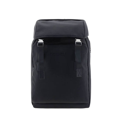 Dsquared² Black Nylon Backpack with double logoed metal clips, adjustable straps, and flap closure for stylish functionality.