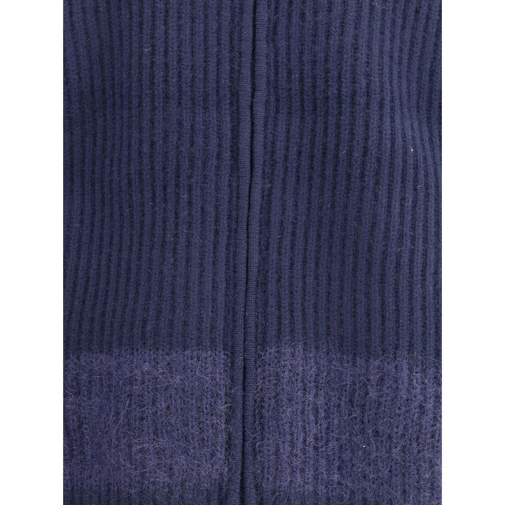 Close-up of ribbed knit texture on Dsquared² Blue Wool Cardigan with mohair band detail.