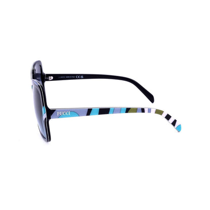 EMILIO PUCCI SUNGLASSES Mod. EP0192 TURQUOISE for ladies, acetate material, side view with patterned design, in official packaging.