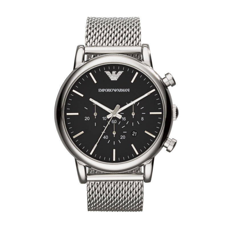 EMPORIO ARMANI MOD. AR1808 gent's stainless steel chronograph watch with quartz movement, mineral dial, and 5 ATM water resistance.