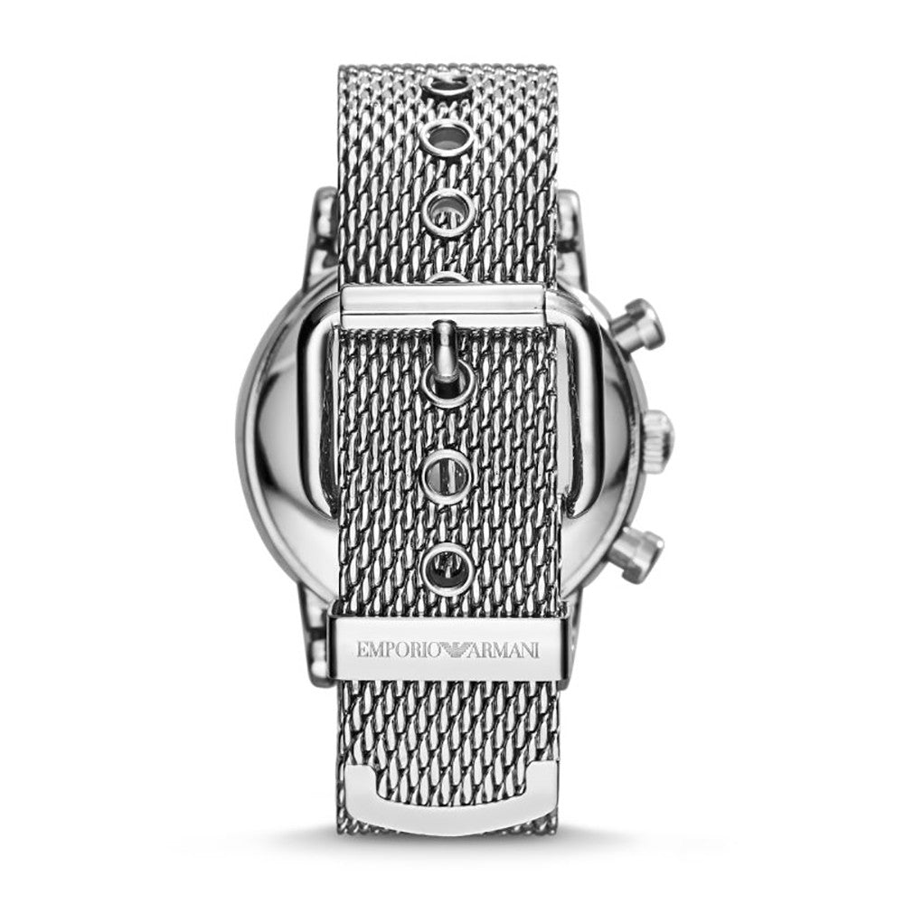 EMPORIO ARMANI MOD. AR1808 stainless steel chronograph watch with SS bracelet and mineral dial, back view.