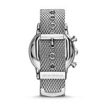 Rear view of EMPORIO ARMANI MOD. AR1808 with stainless steel bracelet and chronograph functions.