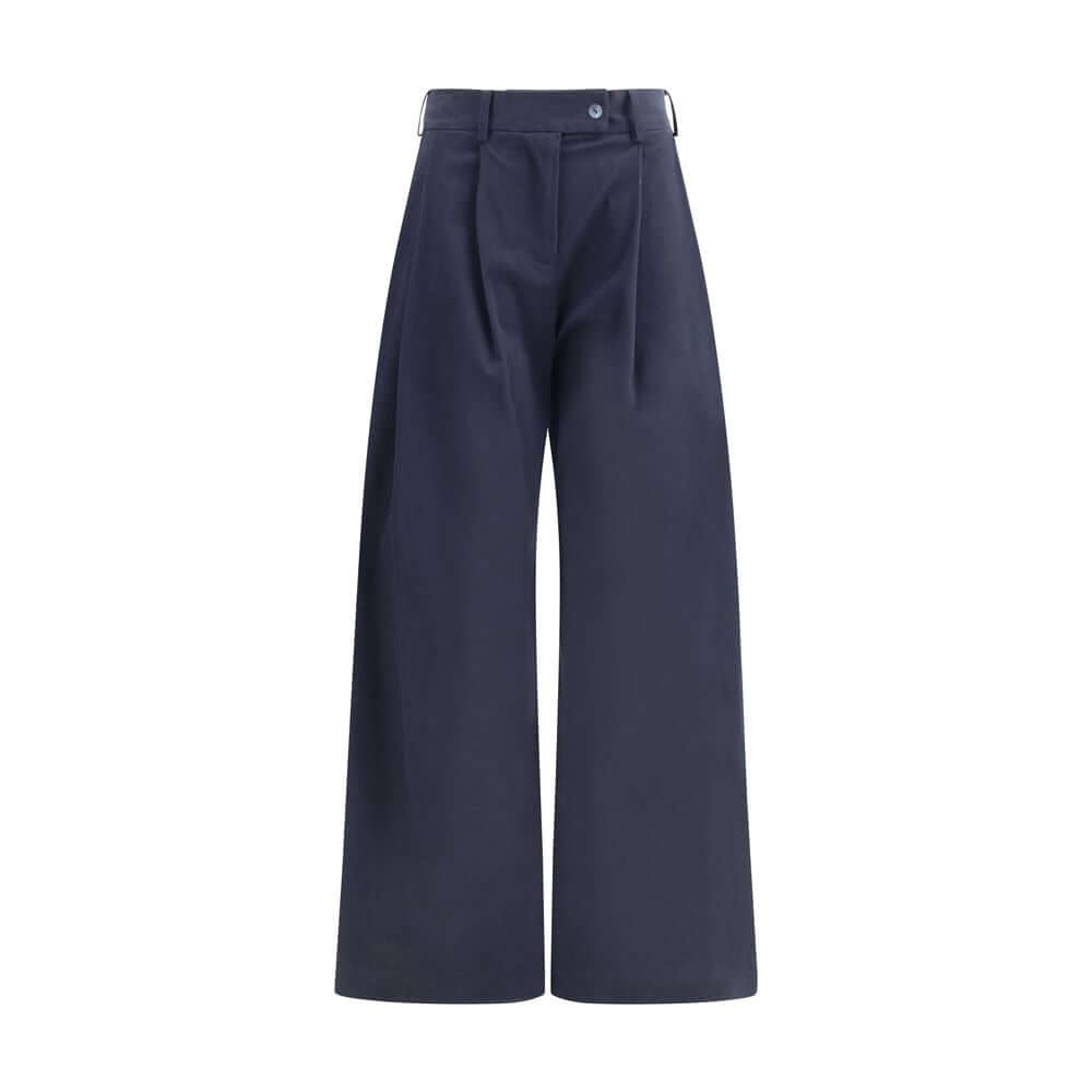Ella Blue Cotton Casual Pants with wide leg and pleats, featuring front zip, button closure, belt loops, and side welt pockets.