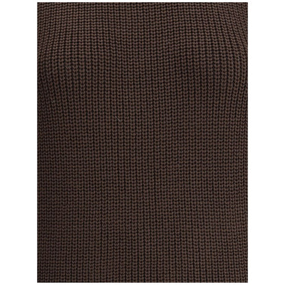 Ella Brown Merino Wool Sweatshirt featuring chunky knit texture and ribbed design, 100% merino wool for warmth and style, AW25 collection.