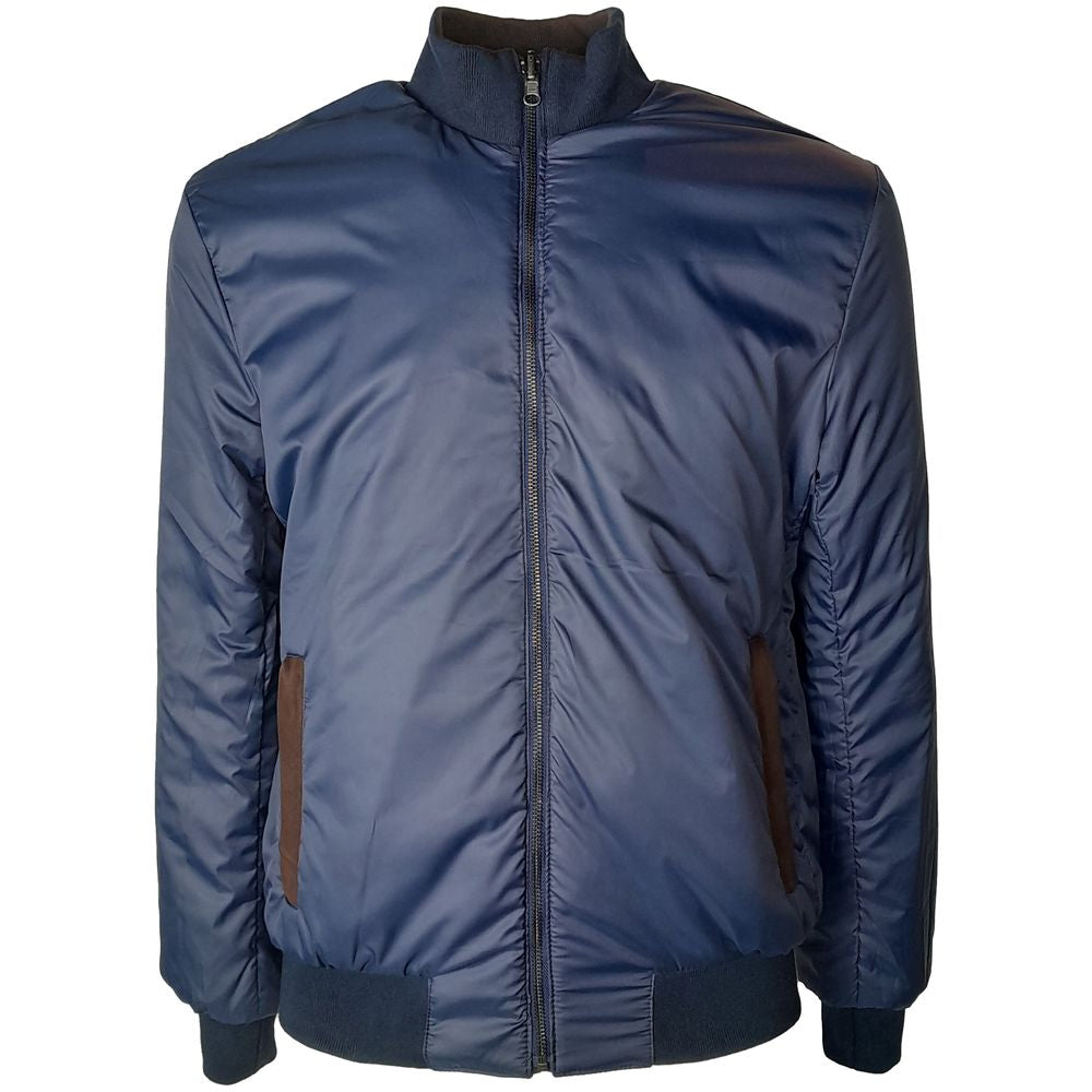 Emilio Romanelli Brown Calfskin Men Bomber Jacket featuring reversible blue nylon side with zipped pockets for versatile styling.