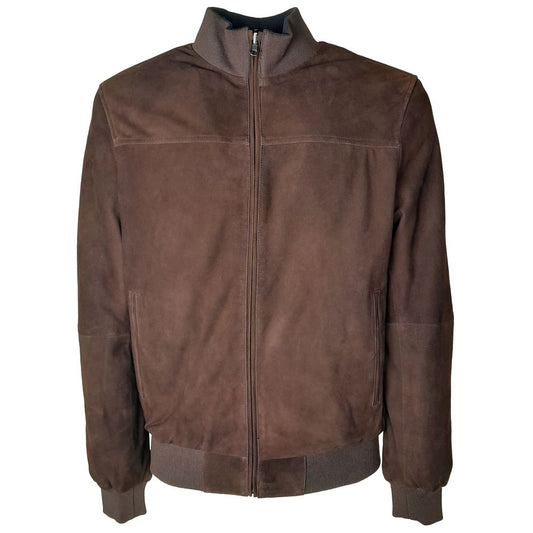 Emilio Romanelli Brown Calfskin Men Bomber Jacket front view showcasing luxury suede material.