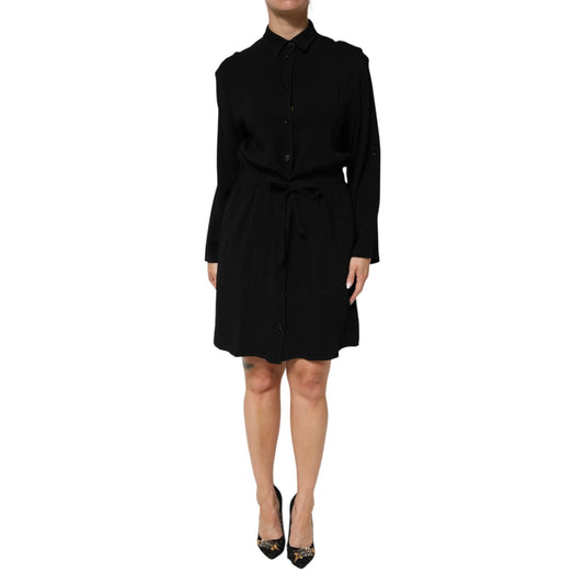 Emporio Armani Black Viscose Blend Shirt Style Belted Dress with long sleeves and button-down front.