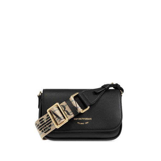 Emporio Armani Crossbody mini bag with black logo-print strap, gold-tone logo and hardware, and adjustable shoulder strap.