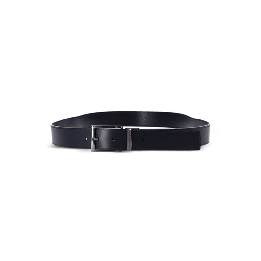 Emporio Armani Exclusive Leather reversible belt with black grained texture, silver-tone buckle, and engraved logo.