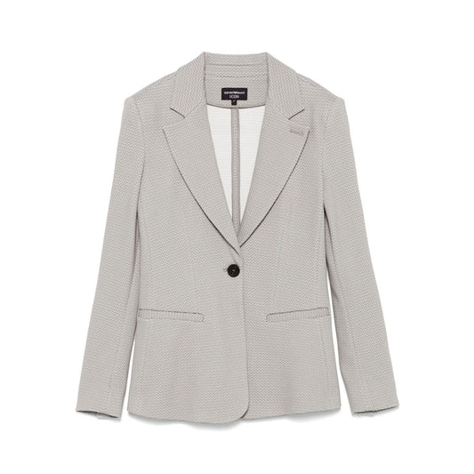 Emporio Armani Icon Blazer in light grey with front button fastening and shoulder pads, featuring two side welt pockets and buttoned cuffs.