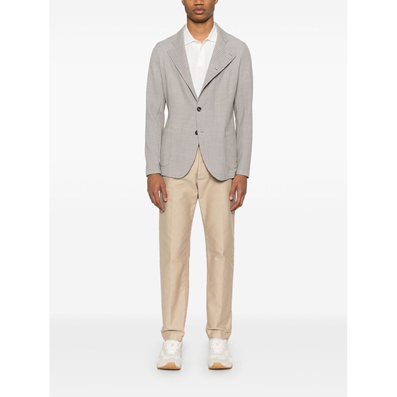Emporio Armani Jacket with high collar in light grey, featuring front button fastening and side patch pockets; model wearing size 48 IT.