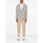 Emporio Armani Jacket with high collar in light grey, featuring front button fastening and side patch pockets; model wearing size 48 IT.