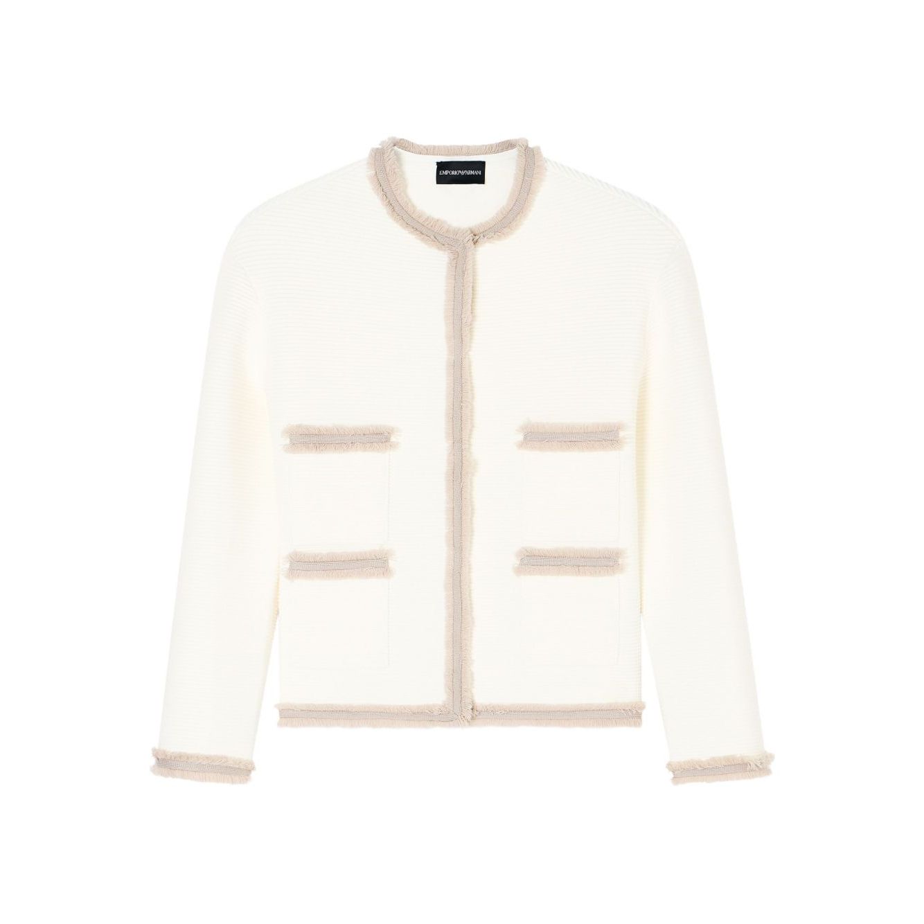 Emporio Armani Jackets White fringe trim crewneck blazer with welt pockets