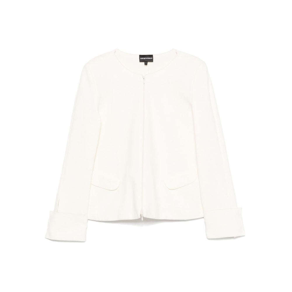 Emporio Armani Ottoman-jersey jacket in white with two-way zip, shoulder pads, side pockets, and press-stud cuffs, cotton blazer.