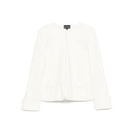 Emporio Armani Ottoman-jersey jacket in white with two-way zip, shoulder pads, side pockets, and press-stud cuffs, cotton blazer.