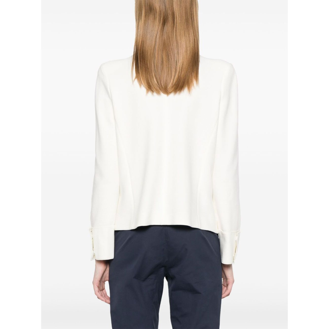Back view of Emporio Armani Ottoman-jersey jacket in white with shoulder pads and press-stud cuffs.