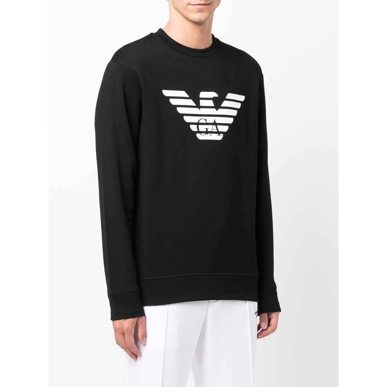 Emporio Armani Sweaters Black cotton blend crewneck with logo print and long sleeves, ideal for casual style.