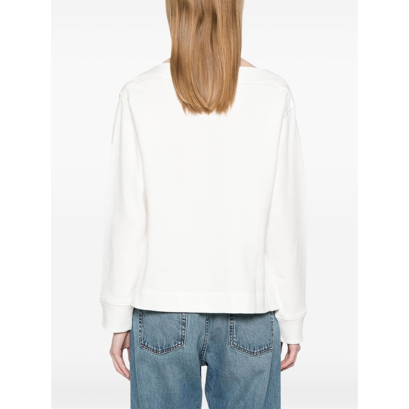 Back view of Emporio Armani logo embroidered sweatshirt with ribbed cuffs and hem, long sleeves, and organic cotton material.