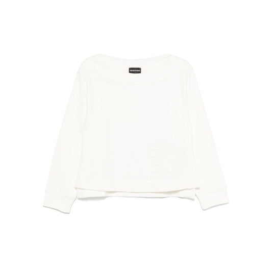 Emporio Armani logo embroidered sweatshirt, white crew neck with ribbed cuffs and hem, organic cotton, long sleeves.