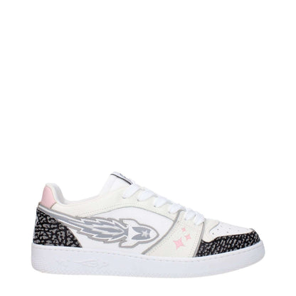 Enterprise Japan White Leather Athletic Sneakers with grey side detail, low flat heel, rubber sole, and lace-up closure.