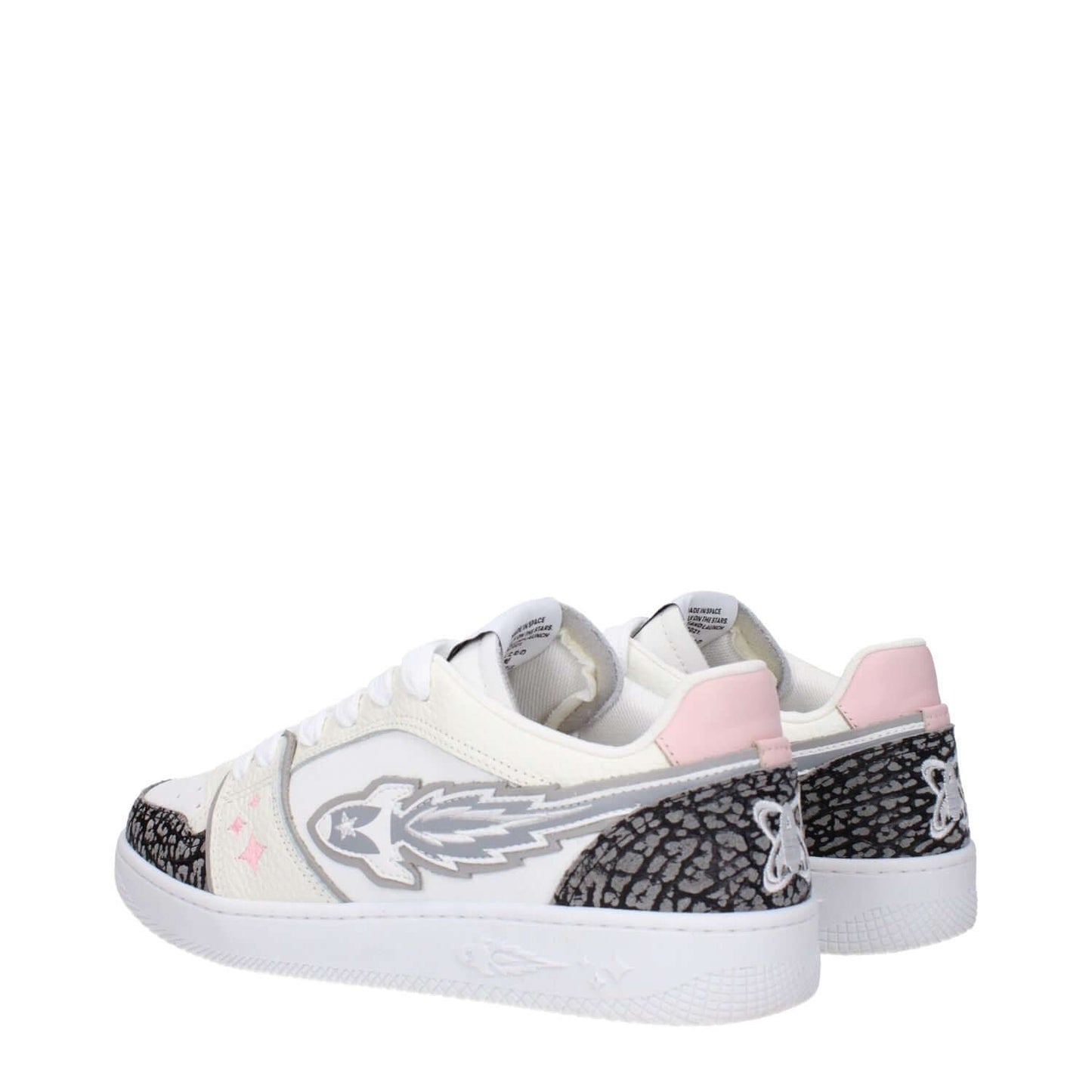 Enterprise Japan White Leather Athletic Sneakers with grey side and pink back detail, featuring a sporty glam style and lace-up closure.